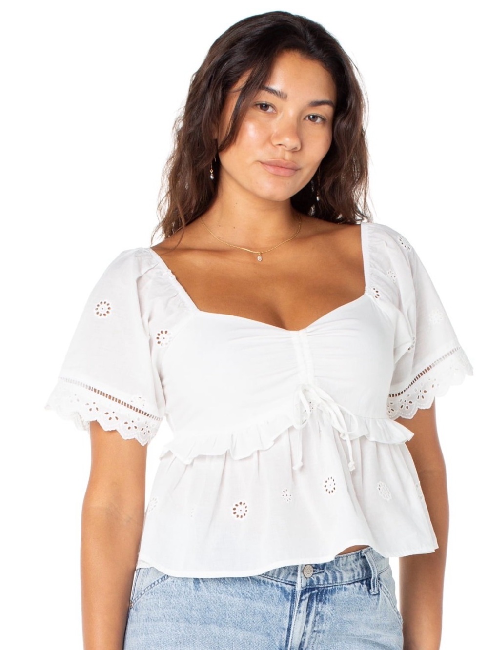 (478)Celebrity Pink Women's Embroidered Eyelet Peplum Top